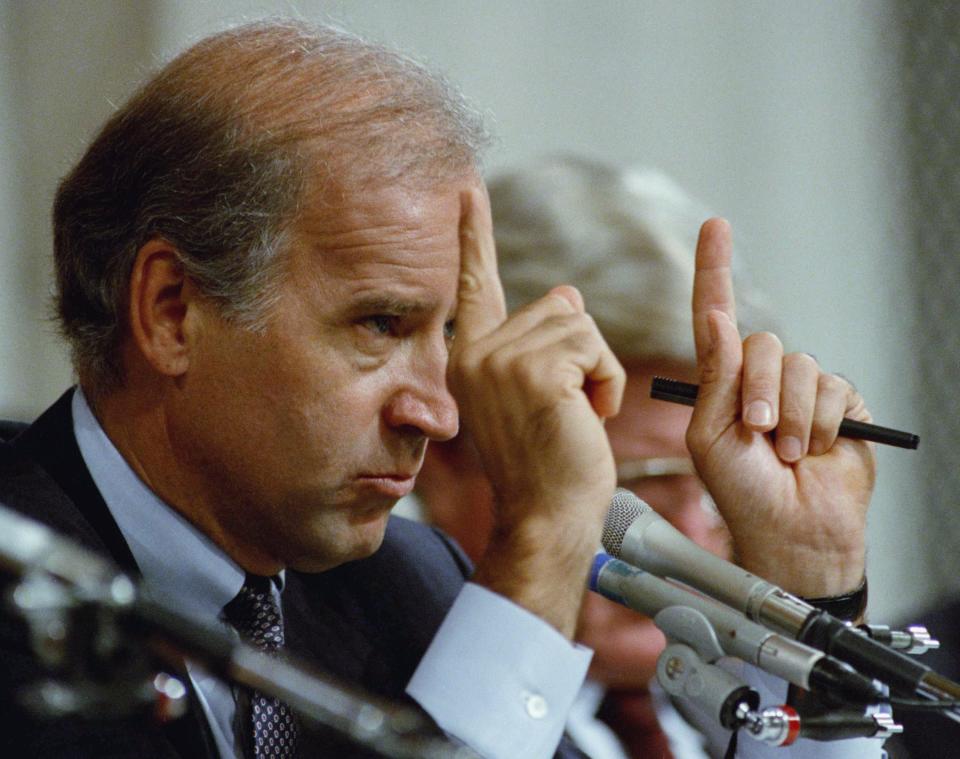 Biden gestures during hearings on allegations of sexual harassment by Supreme Court nominee Clarence Thomas on Capitol Hill in Washington on Oct. 12, 1991.