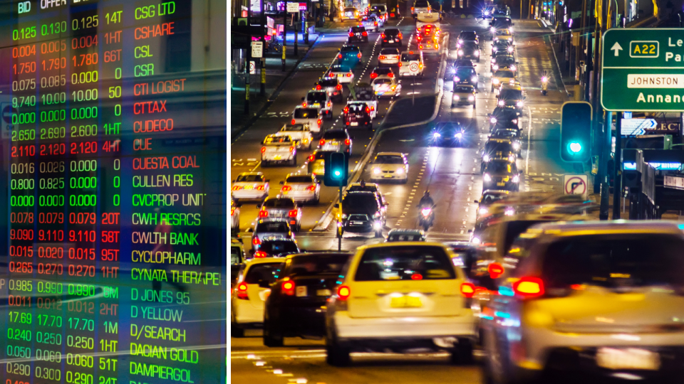 The ASX board showing price changes and heavy traffic build-up on Parramatta Road in Sydney.