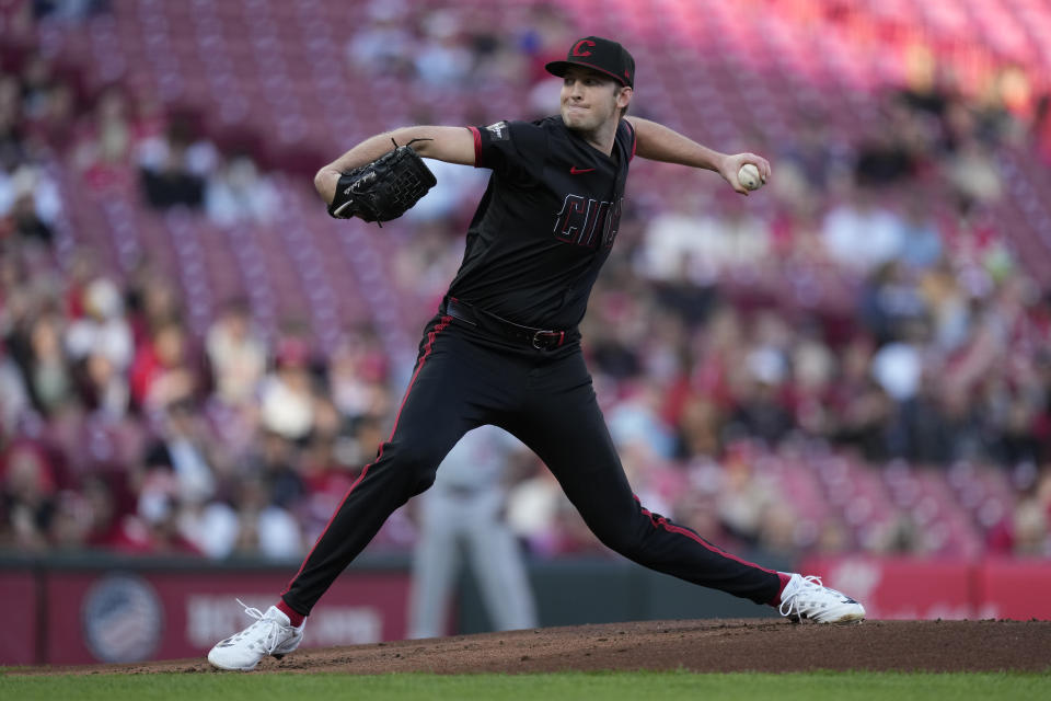 Cincinnati Reds pitcher Nick Lodolo throws in the first inning of a baseball game against the Los Angeles Angels, Friday, April 19, 2024, in Cincinnati. (AP Photo/Carolyn Kaster)