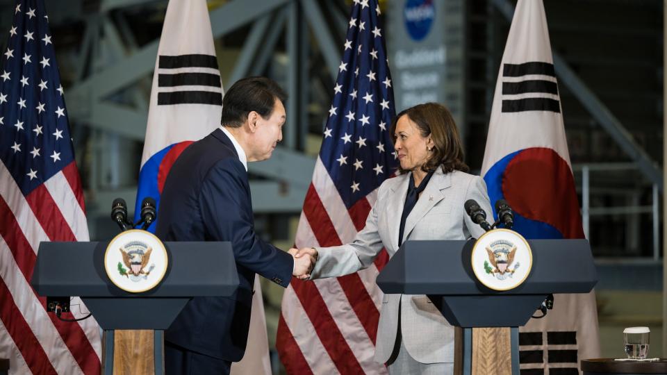 President Yoon Suk Yeol of the Republic of Korea (left) shakes hands with Vice President Kamala Harris after delivering remarks during a tour of NASA’s Goddard Space Flight Center, Tuesday, April 25, 2023, in Greenbelt, Md.