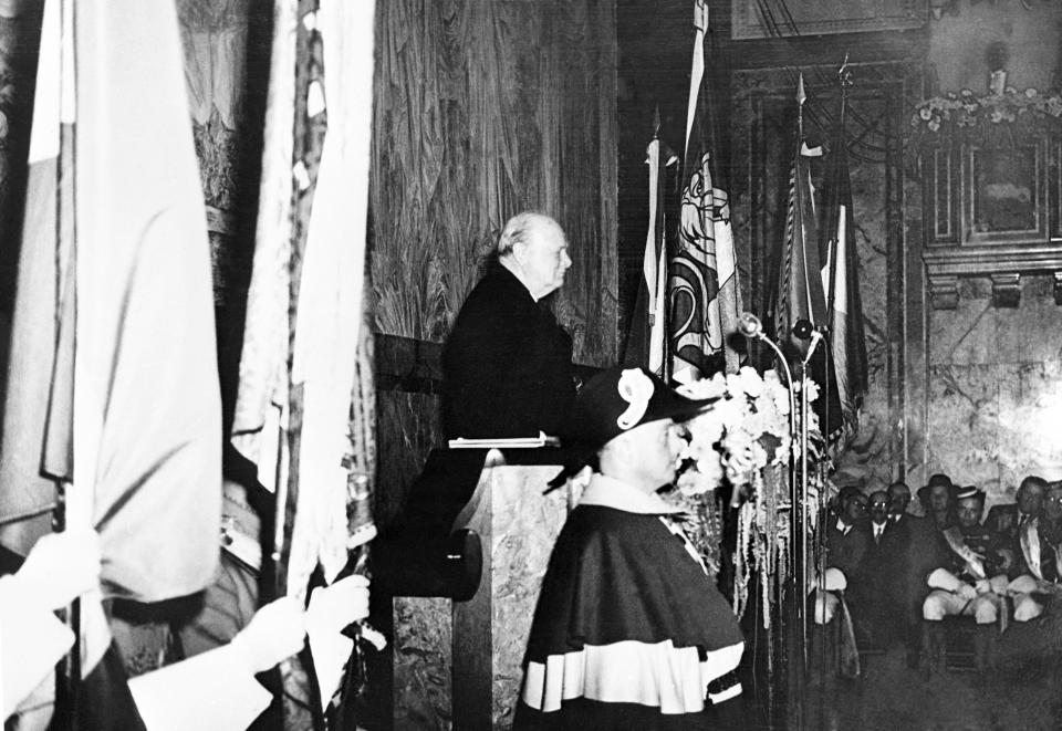 FILE - In this Sept. 21, 1946 file photo, the former British prime minister, Winston Churchill, comes out in favor of a "United States of Europe" in a speech at Zurich University, Switzerland, to make sure there is not another war. Though Britain stayed out of the formation of the European Economic Community when it launched in 1957, it soon had second thoughts and eventually joined in 1973. On Jan. 31, 2020, Britain is scheduled to leave what became known as the European Union. (AP Photo/File)