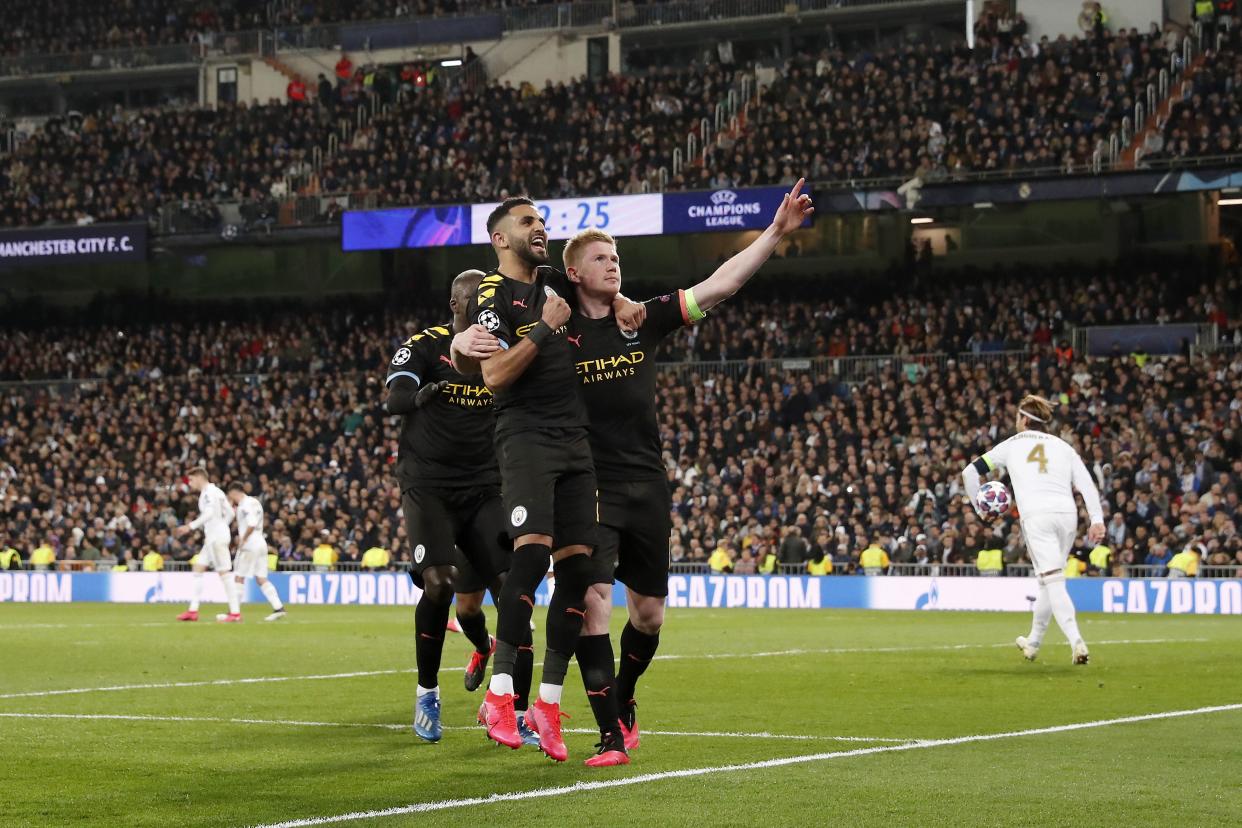 (L-R) Benjamin Mendy of Manchester City, Kyle Walker of Manchester City, Kevin De Bruyne of Manchester City, Sergio Ramos of Real Madrid during the UEFA Champions League round of 16 first leg match between Real Madrid and Manchester City FC at the Santiago Bernabeu stadium on February 26, 2020 in Madrid, Spain(Photo by ANP Sport via Getty Images)