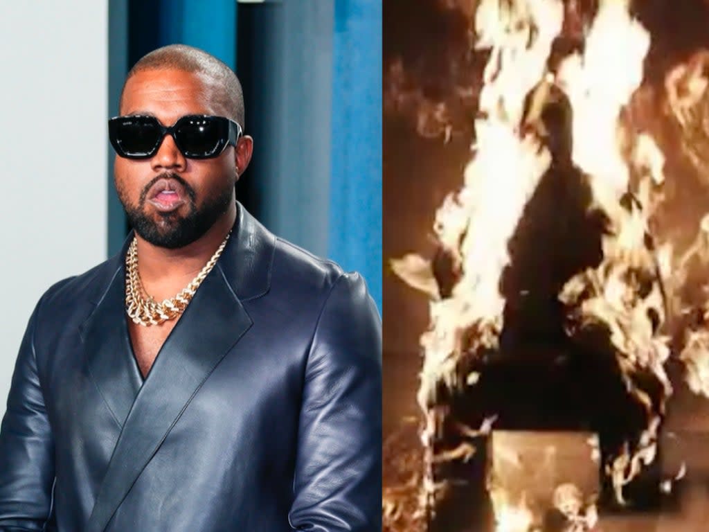 Kanye West (pictured left at the Vanity Fair Oscar Party in 2020) set himself on fire during an event for his forthcoming album ‘Donda’ (right) (Left: JEAN-BAPTISTE LACROIX/AFP via Getty Images – Right: Apple Music)