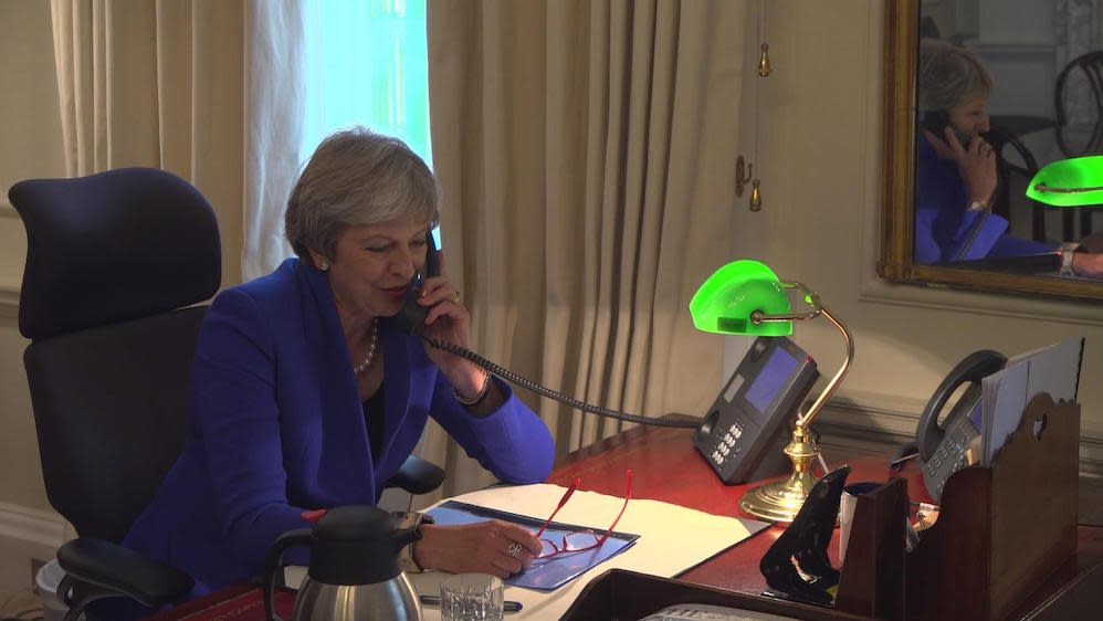 Prime Minister Theresa May at her desk at 10 Downing Street in London during filming of Panorama (Picture: BBC/PA)