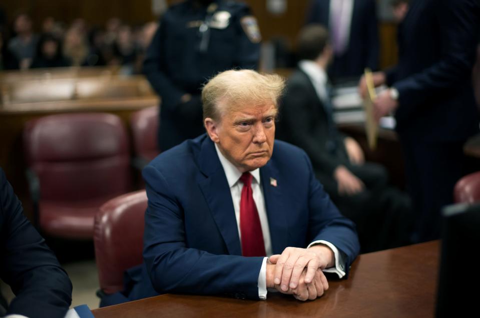NEW YORK, NEW YORK - APRIL 23: Former U.S. President Donald Trump appears in court for his trial for allegedly covering up hush money payments at Manhattan Criminal Court on April 23, 2024 in New York City. Former U.S. President Donald Trump faces 34 felony counts of falsifying business records in the first of his criminal cases to go to trial. (Photo by Curtis Means-Pool/Getty Images)