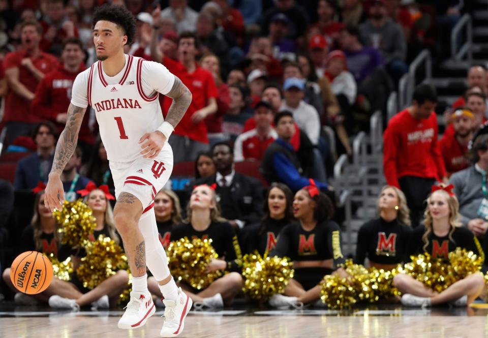 Indiana Hoosiers guard Jalen Hood-Schifino (1) drives to the basket during the Big Ten Men’s Basketball Tournament game against the Maryland Terrapins, Friday, March 10, 2023, at United Center in Chicago. Indiana won 70-60. 