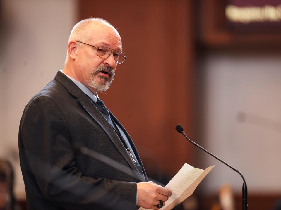 Sen. Chris Gorsek, D-Gresham, speaks on Wednesday at the Oregon State Capitol about legislation that would make the use of drugs on public transportation a Class A misdemeanor.