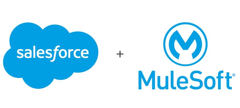 The logos pf Salesforce and MuleSoft pitted left to right with a plus sign in the middle, signifying Salesforce's acquisition of MuleSoft.