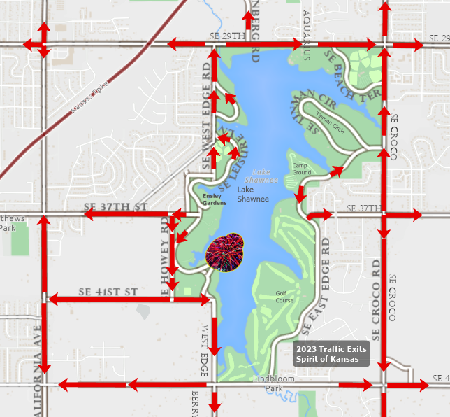 Shawnee County Parks and Recreation put out this map showing the directions traffic will be allowed to go on roads surrounding Lake Shawnee during Tuesday's annual Spirit of Kansas event.