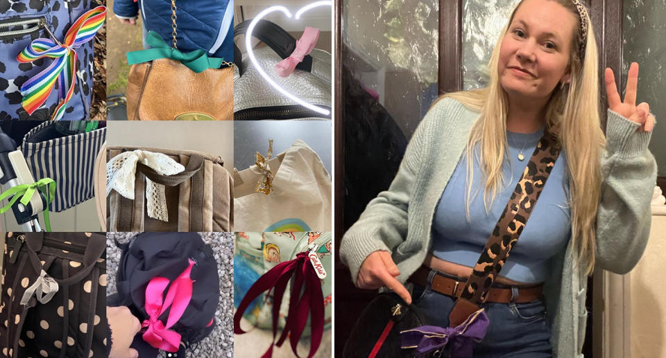 Ribbons tied to numerous bags and one mum pointing to the purple ribbon on her handbag. 