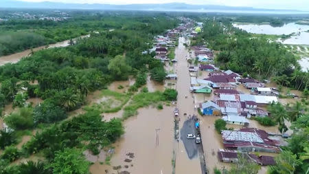 A flooded area is seen in Bengkulu, Indonesia, in this still image from video taken April 27, 2019, obtained from social media. EP CREATIVE PRODUCTIONS/via REUTERS