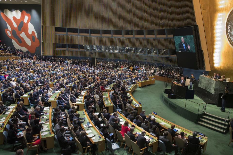 President Trump speaks during the 72nd session of the United Nations General Assembly. Notable absentees included Russian President Vladimir Putin and German Chancellor Angela Merkel. (AP Photo/Mary Altaffer)