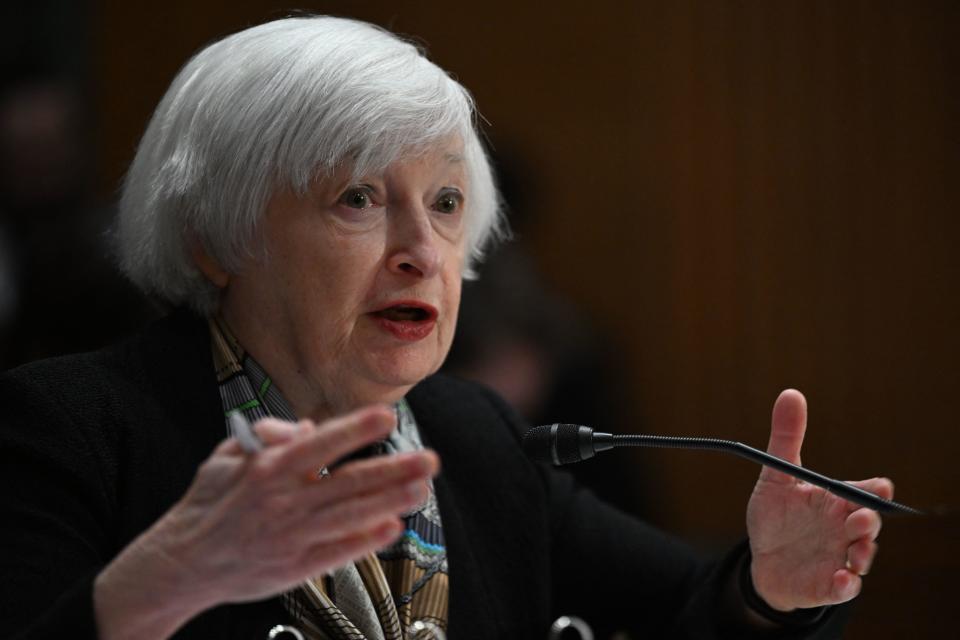 US Treasury Secretary Janet Yellen testifies before the Senate Finance Committee on the proposed budget request for 2024, on Capitol Hill in Washington, DC, March 16, 2023. / Credit: ANDREW CABALLERO-REYNOLDS/AFP via Getty Images