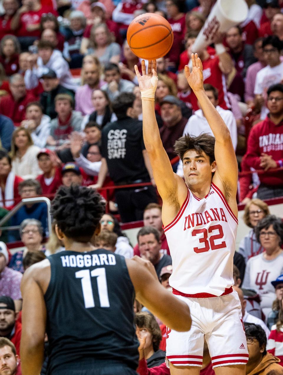 Indiana's Trey Galloway (32) shoots over Michigan State's A.J. Hoggard (11) during the first half of the Indiana versus Michigan State men's basketball game at Simon Skjodt Assembly Hall on Sunday, Jan. 22, 2023.