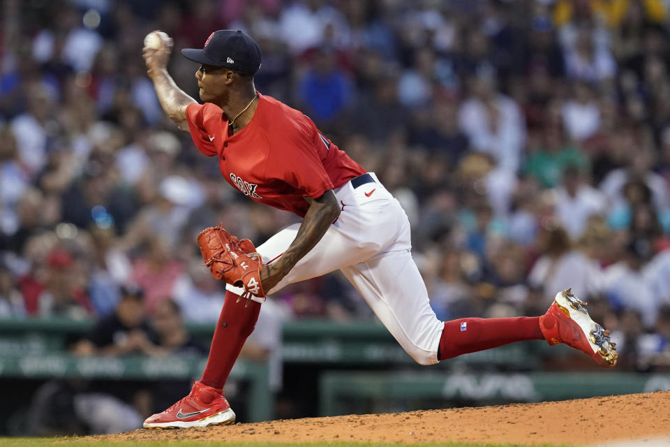 Boston Red Sox relief pitcher Phillips Valdez delivers to the New York Yankees in the second inning of a baseball game at Fenway Park, Friday, July 23, 2021, in Boston. (AP Photo/Elise Amendola)