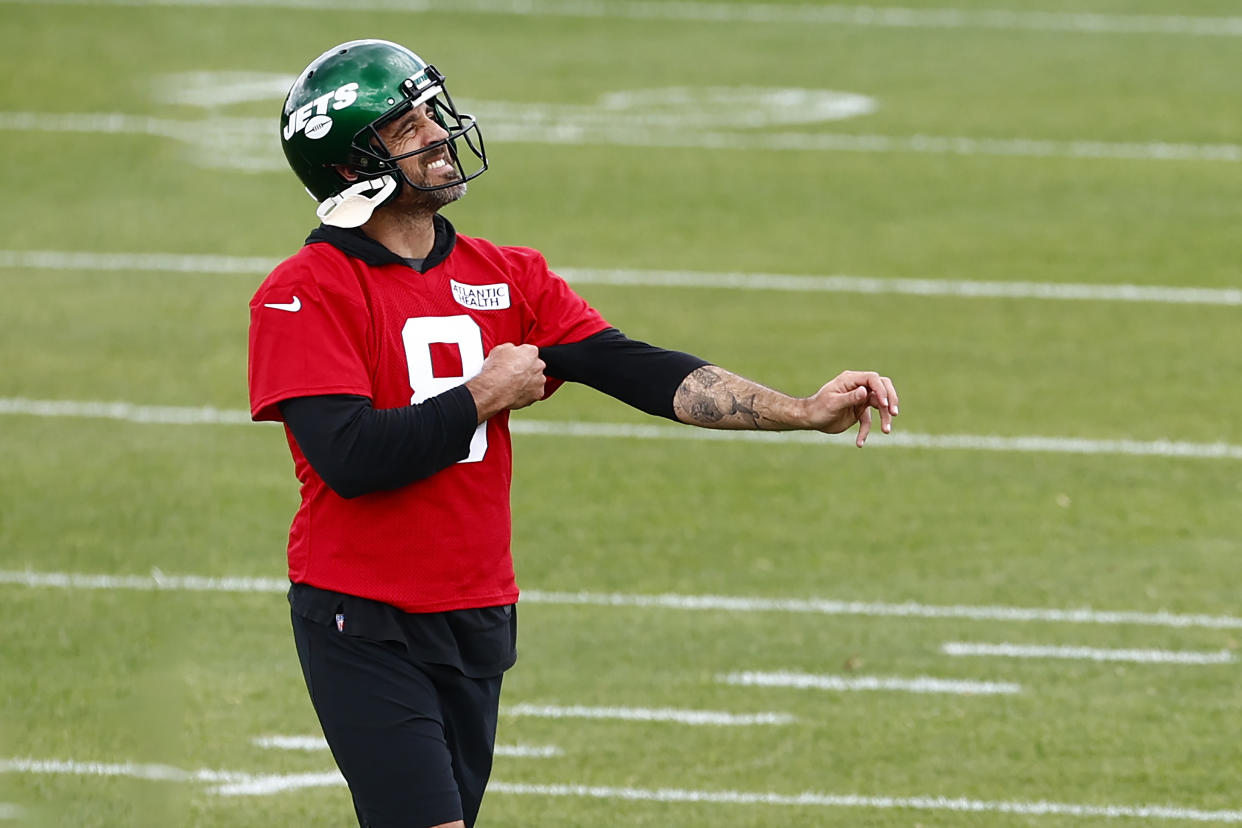 FLORHAM PARK, NEW JERSEY - JUNE 9: Quarterback Aaron Rodgers #8 of the New York Jets during the teams OTAs at Atlantic Health Jets Training Center on June 9, 2023 in Florham Park, New Jersey. (Photo by Rich Schultz/Getty Images)