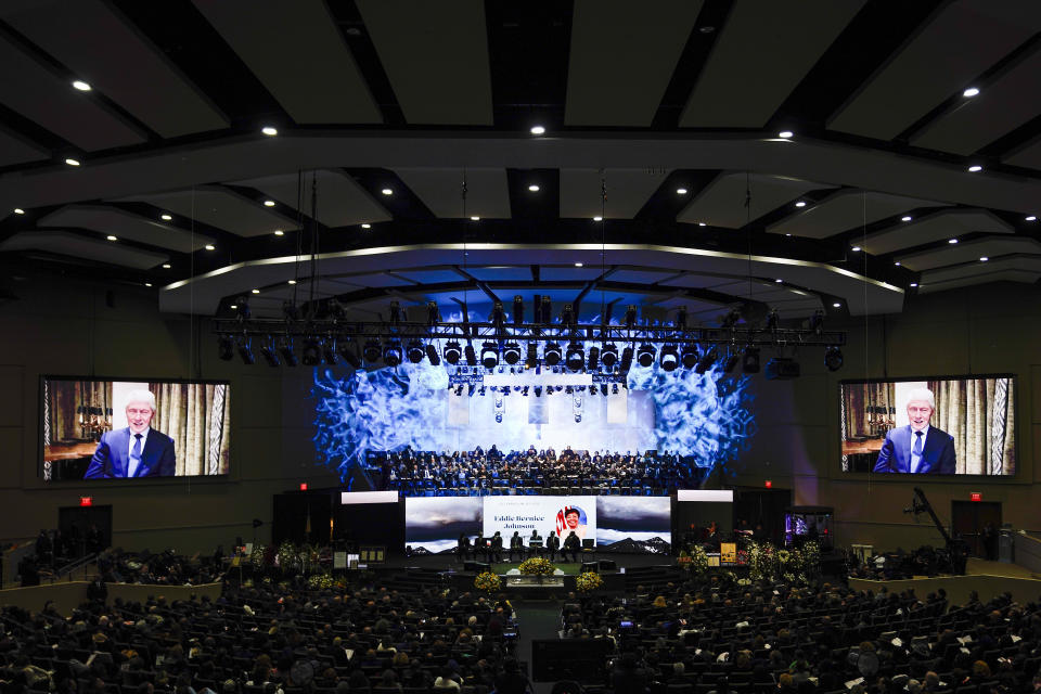 A video message from former President Bill Clinton is played during funeral services for former U.S. Rep. Eddie Bernice Johnson at Concord Church on Tuesday, Jan. 9, 2024, in Dallas. (Smiley Pool/The Dallas Morning News via AP, Pool)