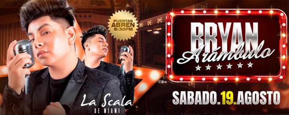 Concierto de Bryan Arámbulo, conocido artista peruano se presenta en La Scala de Miami.