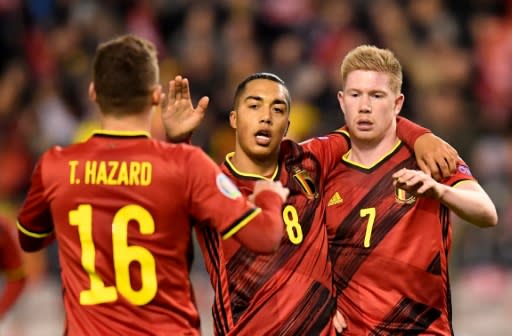 Belgium's Kevin De Bruyne (R) hit out at the format for Euro 2020 after his side beat Cyprus in their final qualifier on Tuesday