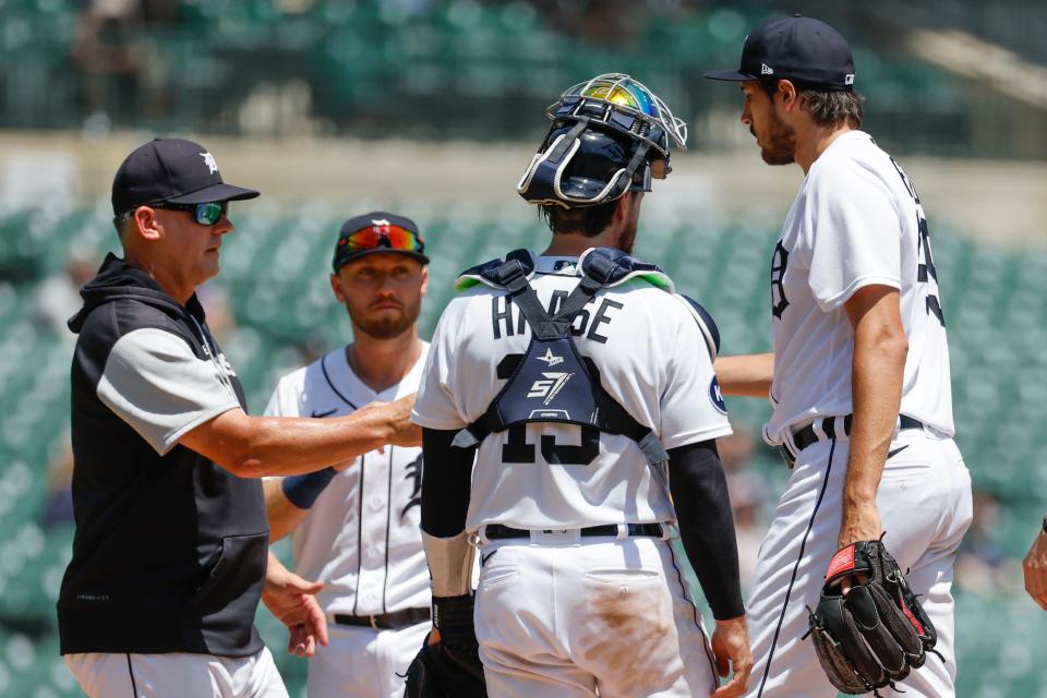 Tigers manager A.J. Hinch take the ball to relieve pitcher Alex Faedo in the fourth inning on Wednesday, June 15, 2022, at Comerica Park.