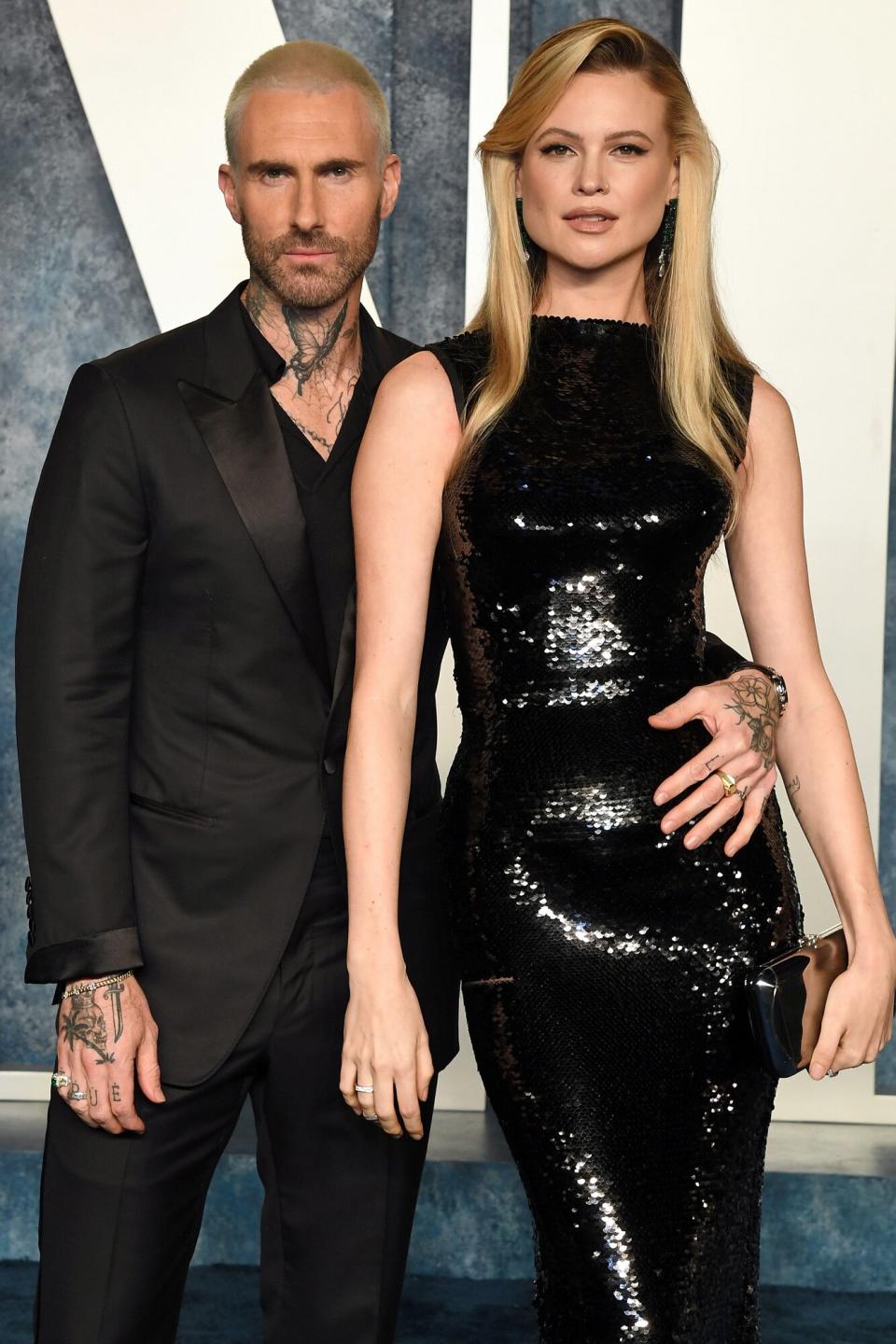 Adam Levine and Behati Prinsloo attend the 2023 Vanity Fair Oscar Party Hosted By Radhika Jones at Wallis Annenberg Center for the Performing Arts on March 12, 2023 in Beverly Hills, California.