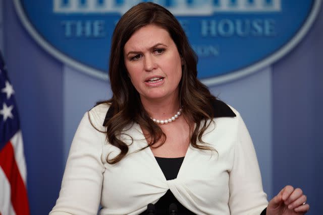 Evan Vucci/AP Sarah Huckabee Sanders, then the White House press secretary, briefs members of the media