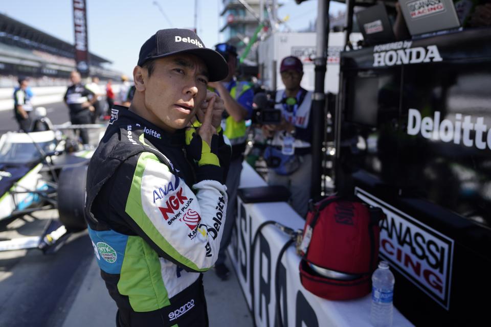 Takuma Sato, of Japan, prepares to drive during final practice for the Indianapolis 500 auto race at Indianapolis Motor Speedway, Friday, May 26, 2023, in Indianapolis. (AP Photo/Darron Cummings)