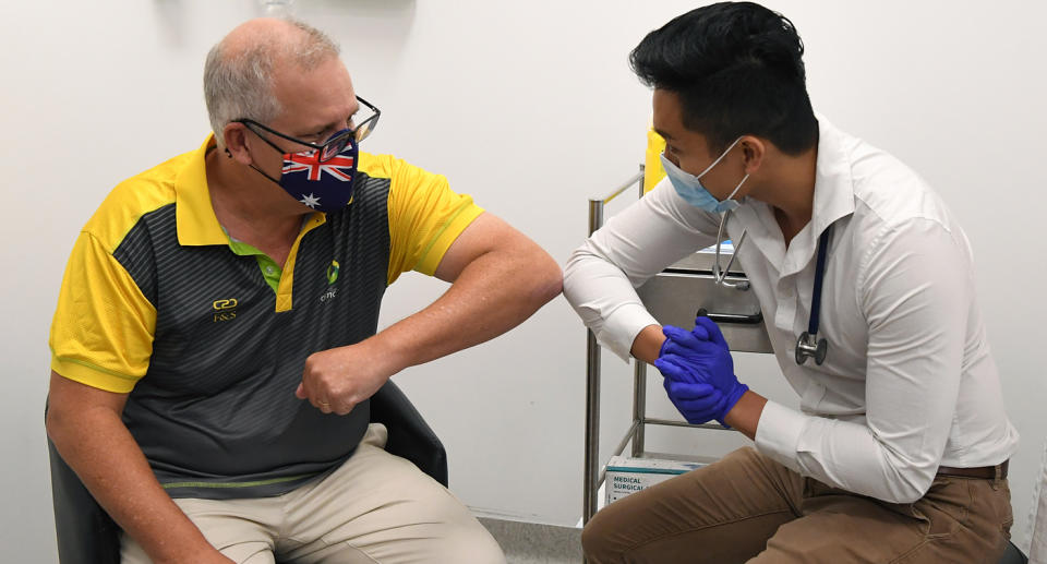 Australian Prime Minister Scott Morrison getting the Covid-19 vaccine at Castle Hill medical Centre