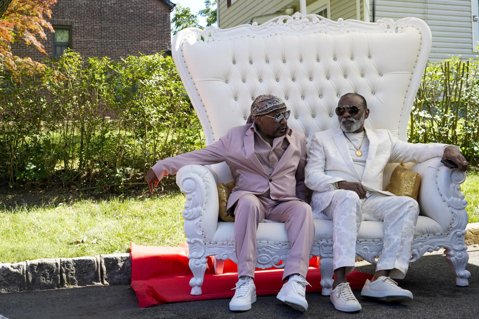 Ron Isley, right, and Ernie Isley pose for a photo during a street renaming ceremony, Thursday, June 24, 2021, in Englewood , N.J. Two New Jersey towns have renamed streets in honor of the Isley Brothers, the legendary R&B group that behind songs such as, "Shout," "Twist and Shout" and "It's Your Thing." Ron Isley and Ernie Isley attended separate ceremonies Thursday in Teaneck and Englewood, neighboring towns outside New York City where they lived during the band's heyday in the 1960s. (AP Photo/Mary Altaffer)