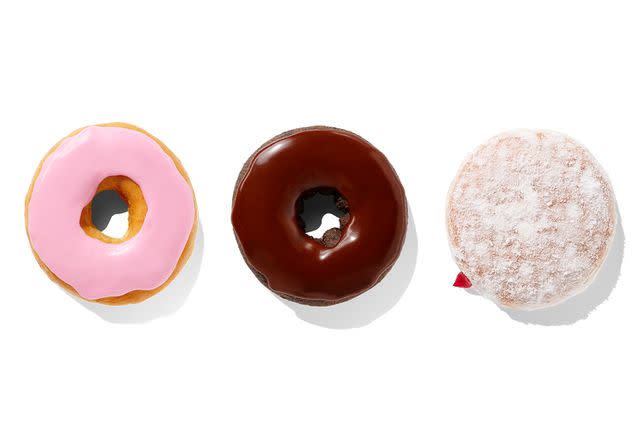 <p>Dunkin'</p> Dunkin' Donuts, Strawberry Frosted, Double Chocolate and Jelly