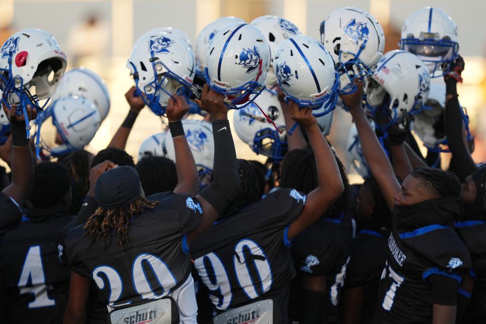 Pahokee players rally before the game against Glades Central. Pahokee High School in Pahokee, Florida, Nov. 3, 2023.