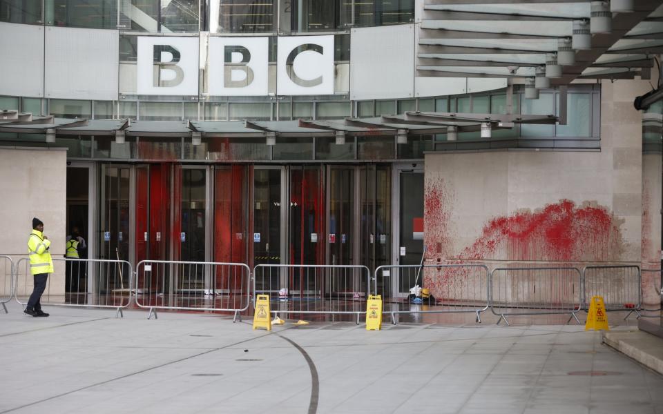 BBC Broadcasting House after red paint was used on the entrance overnight