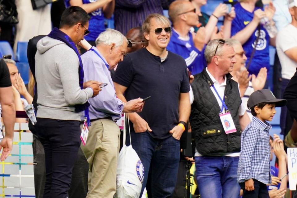 Todd Boehly, centre, with Hansjorg Wyss, second left, who are both part of the consortium poised to complete the Chelsea takeover (Adam Davy/PA) (PA Wire)
