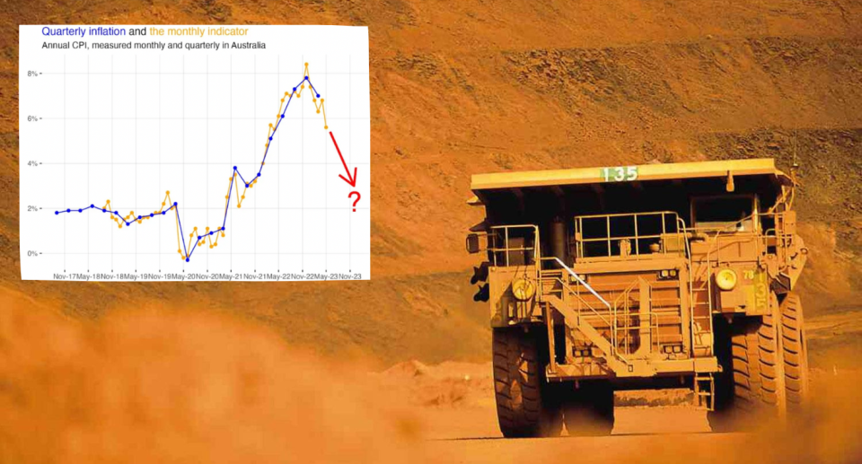 Mining truck in a mine pit with a graphic showing falling inflation inset.