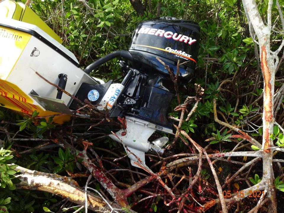 The back end of the 21-foot boat from which Joseph Guenther was ejected on Saturday, May 15, 2021.