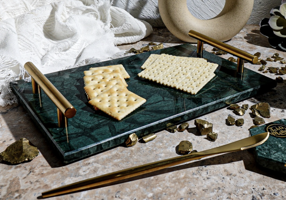 Scandi - Turquoise Marble Dessert Tray with Brass Handle (Photo: Table Matters)