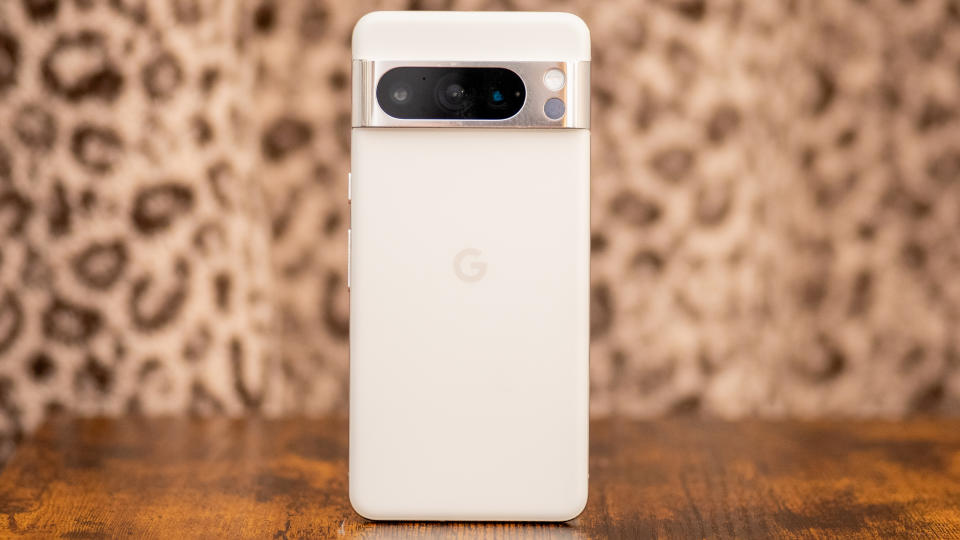 Google Pixel 8 Pro back in porcelain in front of animal print