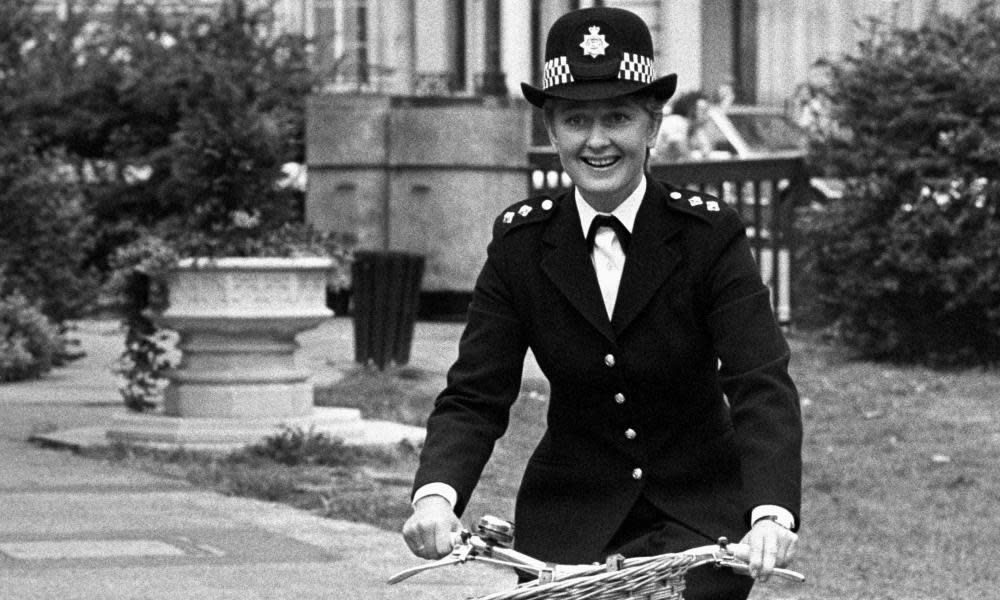 Anna Carteret, the star of the BBC TV police series Juliet Bravo, on a bicycle, in London.