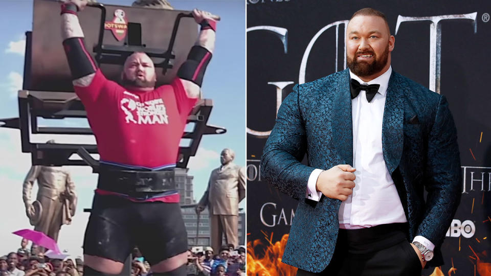 Pictured here, Game of Thrones star Hafthor Bjornsson and footage from the controversial 2017 World's Strongest Man event.