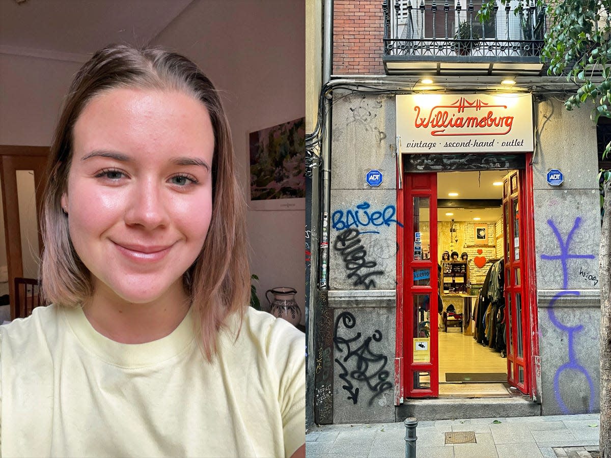 Photo of author, storefront in Madrid called Williamsburg.