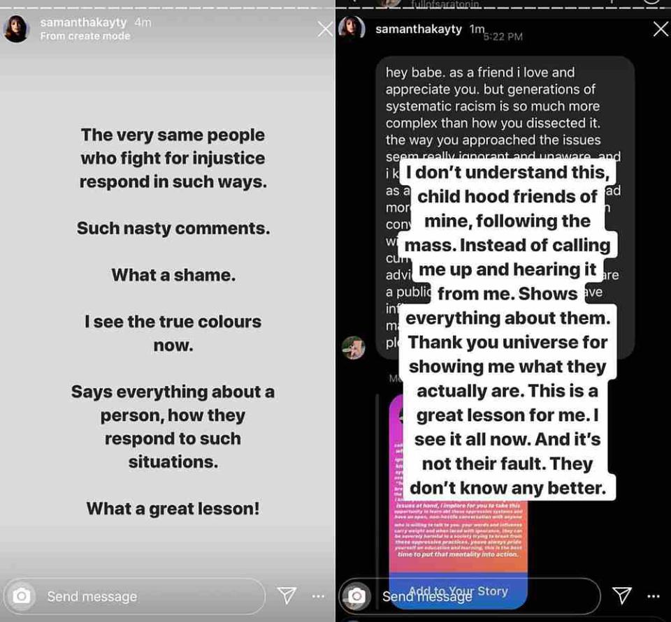 James was responding to the online backlash she received for labelling those campaigning in anger for Black Lives Matter as ‘foolish humans.’ — Pictures from Instagram/samanthakayt