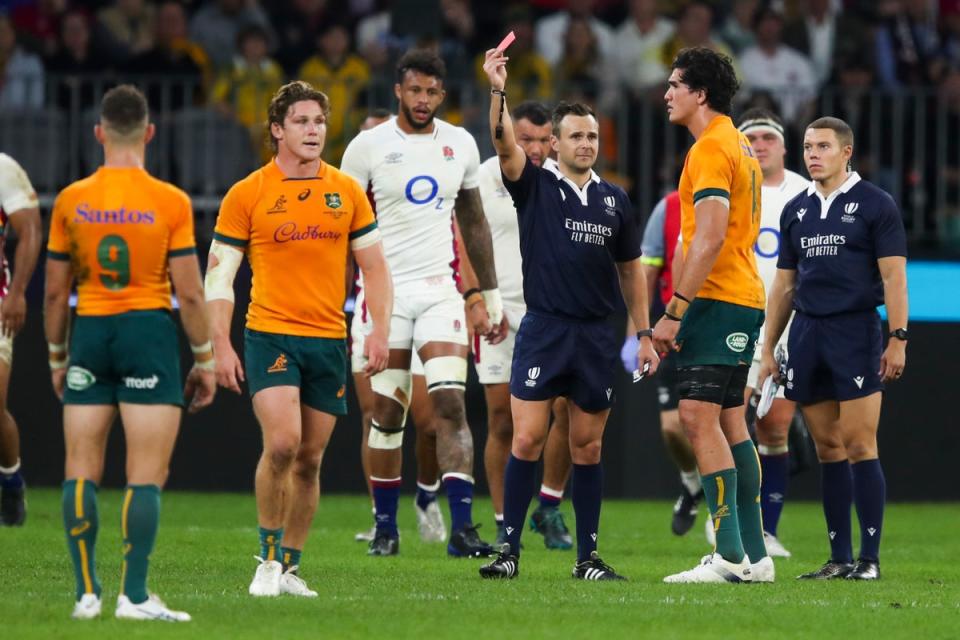 Australia’s Darcy Swain is shown a red card by referee James Doleman (Gary Day/AP) (AP)