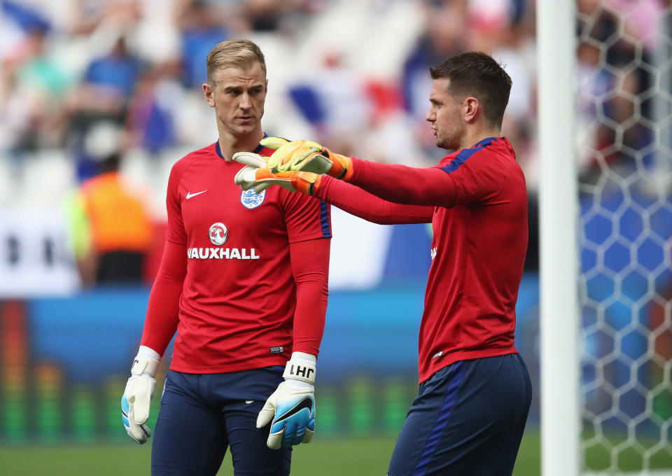 Tom Heaton and Joe Hart during the International Friendly match between France and England at Stade de France on June 13, 2017- Heaton’s last cap.