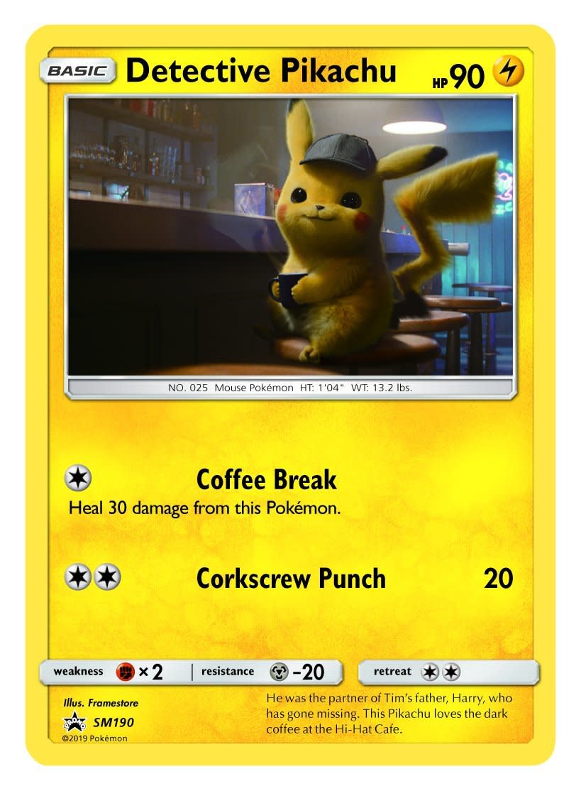 The opening-night exclusive Pokemon TCG card, featuring a coffee-drinking Detective Pikachu. (Warner Bros)