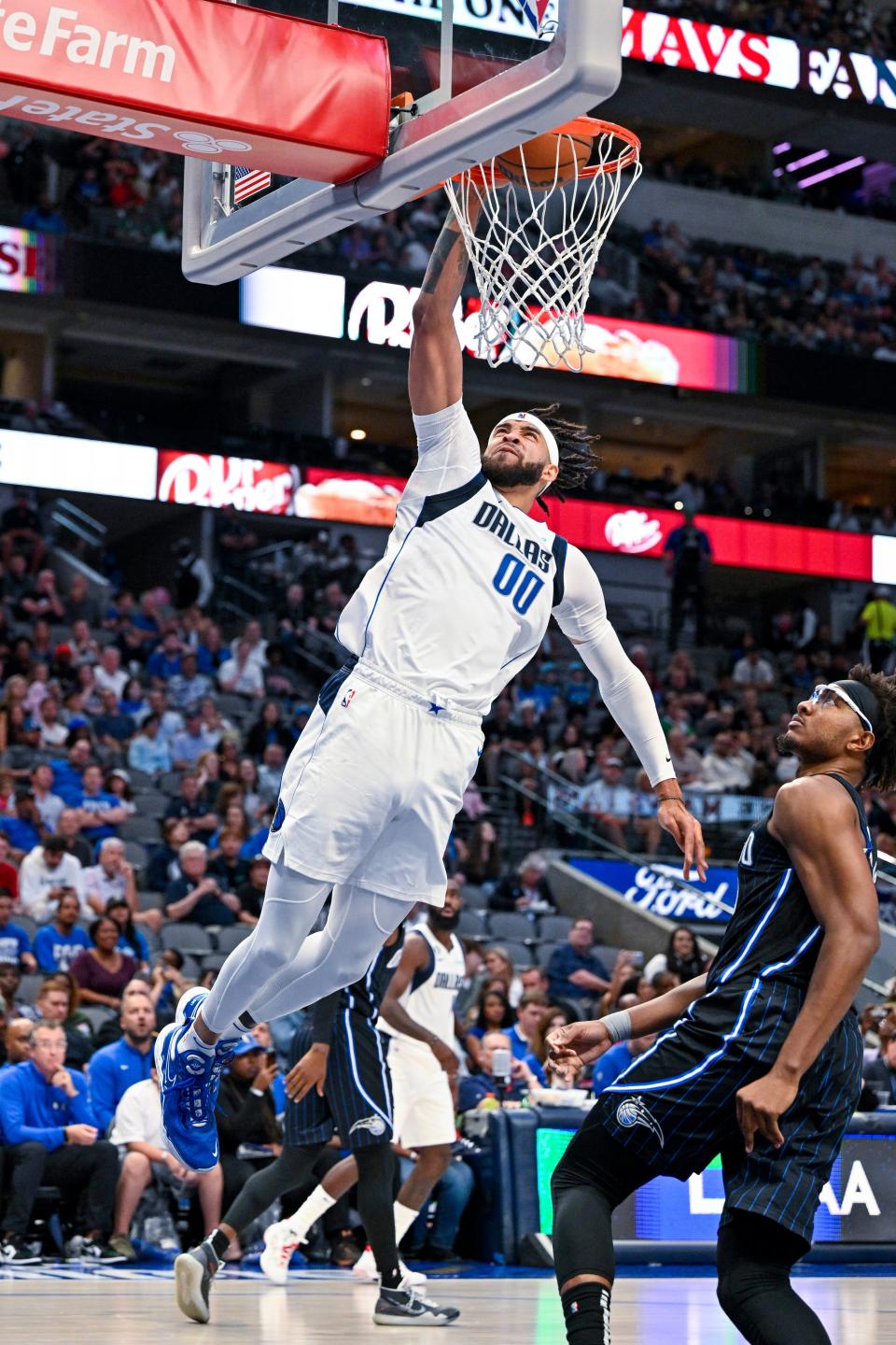 Oct 7, 2022; Dallas, Texas, USA; Dallas Mavericks center JaVale McGee (00) in action during the game between the Dallas Mavericks and the Orlando Magic at the American Airlines Center.