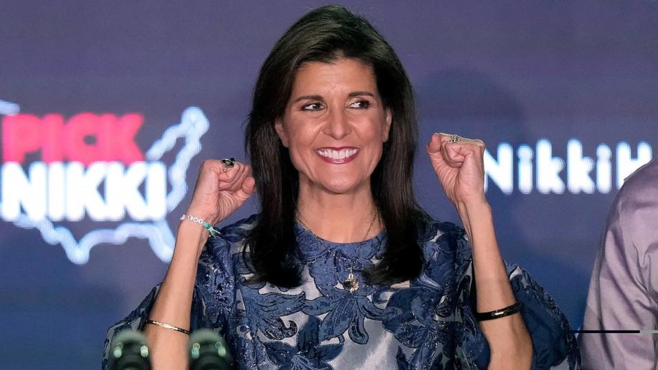 PHOTO: Republican presidential candidate former UN Ambassador Nikki Haley speaks at a New Hampshire primary night rally, in Concord, N.H., Jan. 23, 2024.  (Steven Senne/AP)