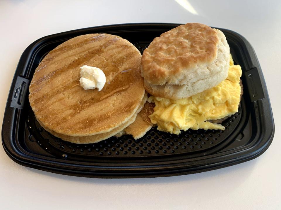 Big breakfast with hotcakes from McDonald's.