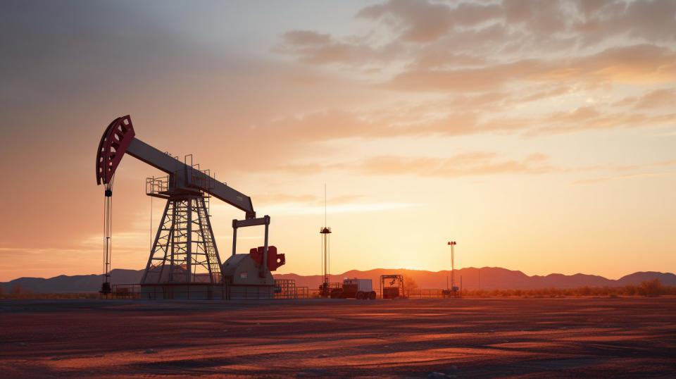 A drilling rig in the desert with an orange sunset in the background.