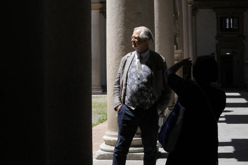 Milan's Brera Art Gallery director James M. Bradburne poses for photos prior to an interview with the Associated Press, at Brera's art gallery, in Milan, Italy, Friday, June 23, 2023. The British-Canadian director of Milan’s Brera Art Gallery was hired with a reform that brought in a slew of foreign museum directors and ends his eight-year tenure as a new center-right government seeks to return top jobs to Italians. (AP Photo/Antonio Calanni)