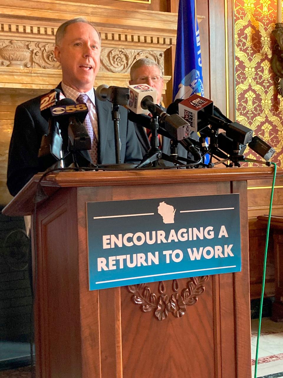 Wisconsin Assembly Speaker Robin Vos describes a Republican bill to end a $300 unemployment supplemental payment on May 18, 2021, in Madison, Wis.